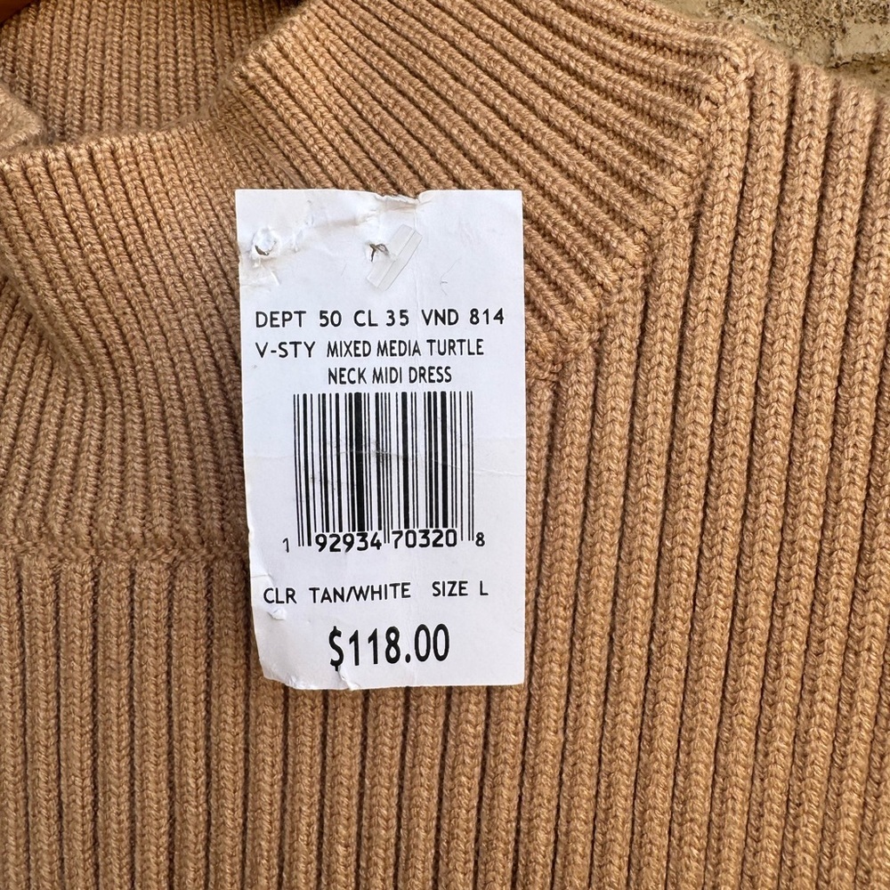 NWT ENGLISH FACTORY Mixed Media Turtleneck Tan/White Midi Dress Sz Large - Picture 8 of 13